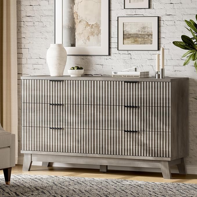 Fluted Dresser with 6 Drawers, Wooden Dresser TV Stand, Wood Closet Clothes - Image 3