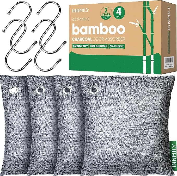 Activated Charcoal Odor Absorber, Large 4x500g w Hooks Nature Odor Eliminator by Innmily