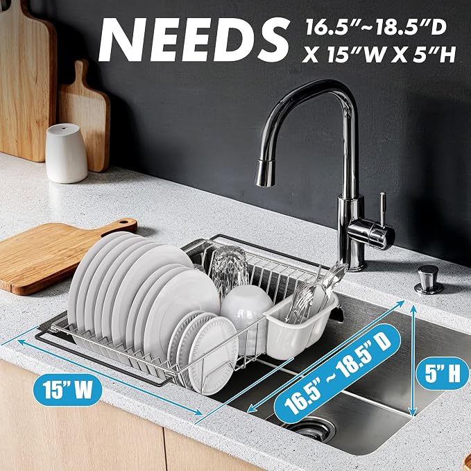 SIMPLE HOUSEWARE Large Over Sink Counter Top Stainless Steel Dish Drainer - Image 2
