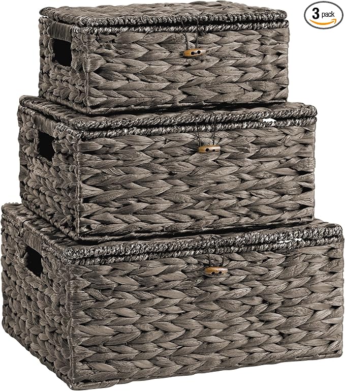 Wicker Storage Baskets with Lids and Handles, Hand Woven Rattan Storage Bins Box by Ollieroo